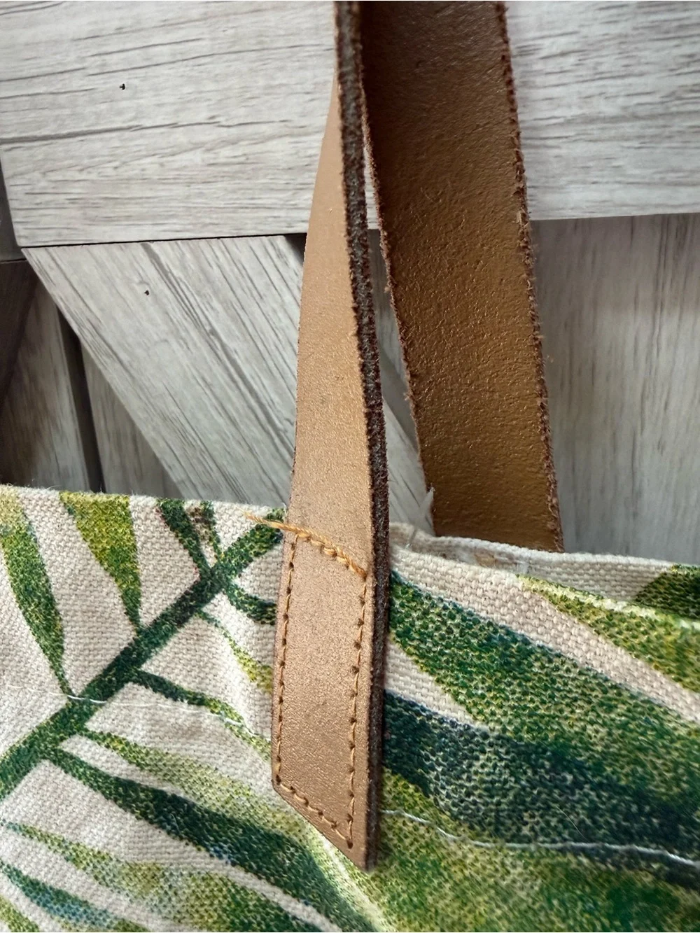 Tropical Leaf Print Canvas Tote with Brown faux leather Straps- 14x17”